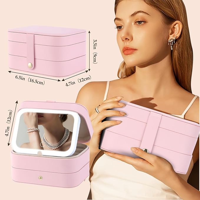 Travel Jewelry Case with LED Lighted Mirror, Personalized Birthday Gifts for Women Girls Kids, 2-Layer Portable Travel Jewelry Organizer, Travel Essentials (Pink)