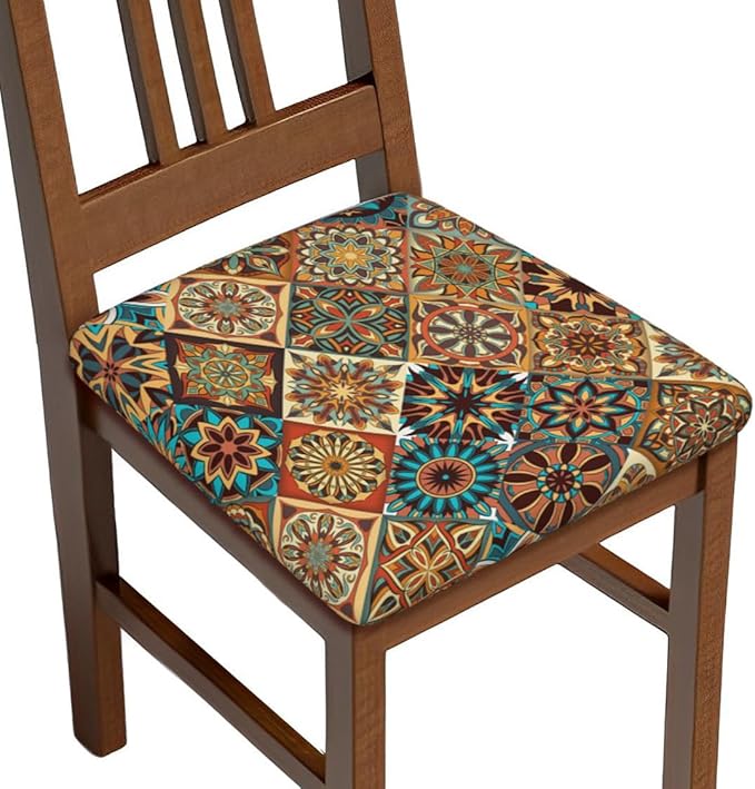Colorful Vintage Bohemian Boho Mandala Floral Office Computer Chair Seat Covers Set of 1, Soft Stretch Rotating Desk Chair Seat Cushion Protectors