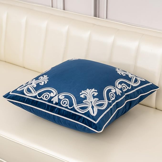 Aeckself European Floral Pillow Cover 18x18 Inch, Luxury Velvet Embroidered Decorative Throw Pillow Cover for Couch Bedroom Living Room, Navy Blue and White