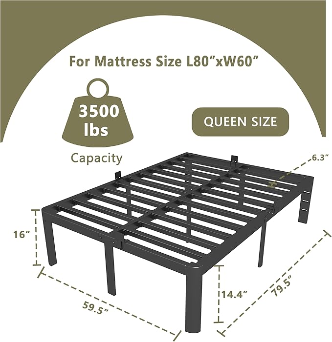 ITIMIDI 16 Inch Metal Bed Frame Queen Size, Safety Design with Rounded Corner Legs and DIY Headboard, No Box Spring Needed, Easy Assembly, Noise Free, Sturdy and Stable, Black