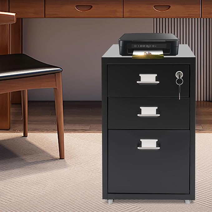 3 Drawer Rolling File Cabinet with Lock, 11 x 16 x 18.3in Filing Cabinet with Wheels, Wood Under Desk Office Storage Cabinet fits A4, Letter Sized Documents for Home Office (Black)