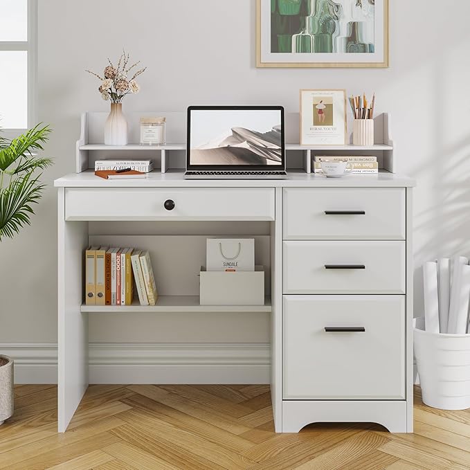 4 EVER WINNER White Desk with Drawers, Small Computer Desk with File Drawer for Small Spaces, Home Office Desks with Monitor Stand Wood Table for Study Writing, White