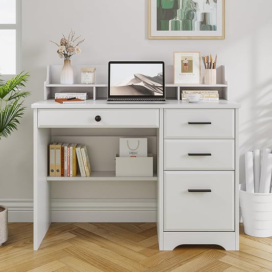 4 EVER WINNER White Desk with Drawers, Small Computer Desk with File Drawer for Small Spaces, Home Office Desks with Monitor Stand Wood Table for Study Writing, White