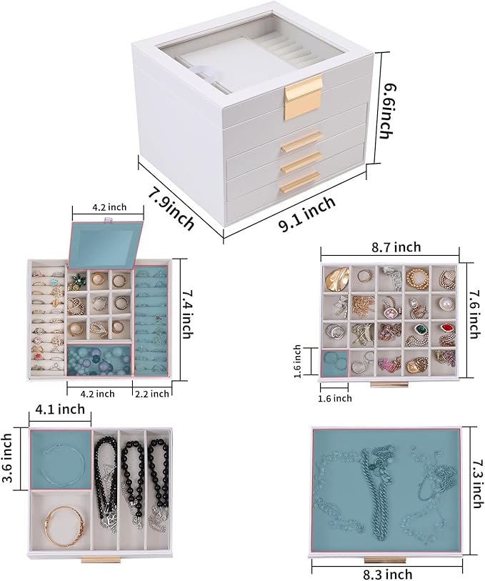 BOOVO Clear Lid Jewelry Box,4 Layers Jewelry Organizer Large Jewelry Storage Box with 3 Drawers,Jewelry Holder Organzier of Rings Earrings Necklace Bracelets for Women (White, 4 Layer)
