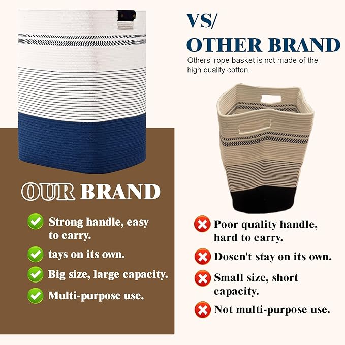 Laundry Hamper, 95L Tall Laundry Basket with Leather Handles, Rectangle Large Clothes Hamper for Organizing, Cotton Woven Laundry Baskets Storage Hampers for Bedroom, Nursery, Living Room