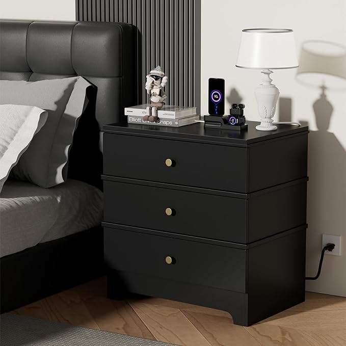 3 Drawer Nightstand with Charging Station,24" Farmhouse Night Stand, Small Chest of Drawers, Wood Bedside Table Cabinet for Bedroom, Living Room, Hallway, Black