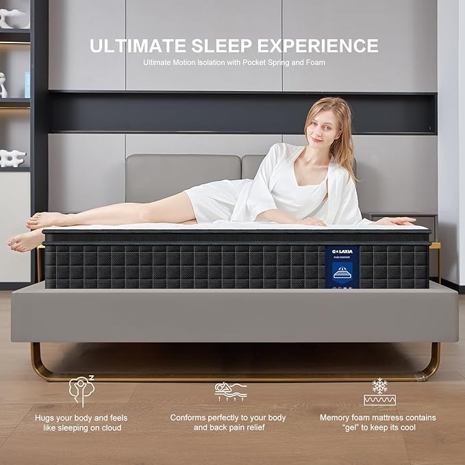 12 Inch Black Full Spring Mattress,Medium Firm with Gel Memory Foam,Individually Pocketed Coil,Fiberglass-Free Fire Retardant CertiPUR-US Certified,75"*54"*12"