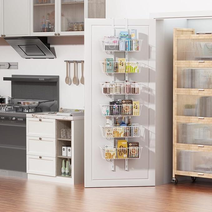 6 Tier Over the Door Pantry Organizer, Foldable Metal Over the Door Hanging Spice Rack with 6 Baskets, Adjustable Hanging Storage Rack for Kitchen, Bedroom, Laundry Room, Bathroom Essentials, White