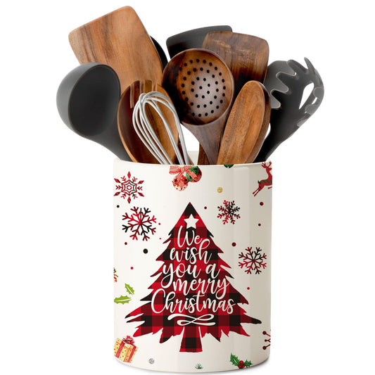 Hexagram Christmas Kitchen Decor Ceramic Utensil Holder, Cute Red Christmas Tree Utensils Holder, Xmas Ceramic Utensils Crock for Rustic Farmhouse Indoor Kitchen Decorations(6.3 Inches)