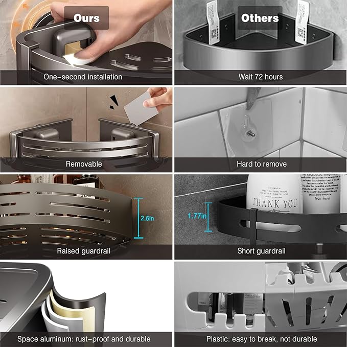 Voldra Shower Caddy Suction Cup, 1 Pack Shower Shelves for Inside Shower No Drilling, Aluminum Suction Showers Organizer with Towel Bar & Hooks Removable Bathroom Shelf Storage Rack(Gray)