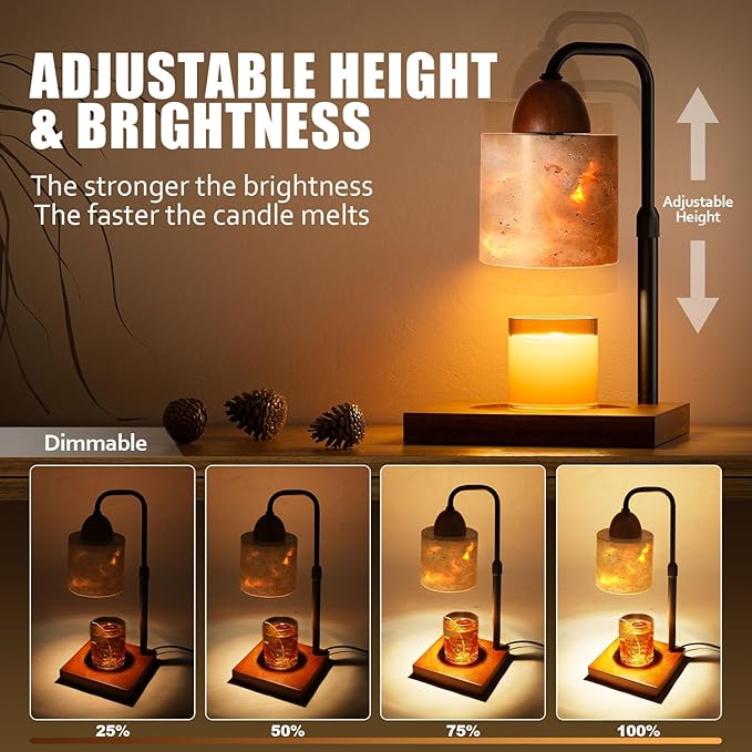 Candle Warmer Lamp With Timer, Adjustable Height Dimmable for Bedroom, Wax Lamp for Scented Candles With Marble, 2 Bulbs House Warming Gifts for Mom (Cylinder)