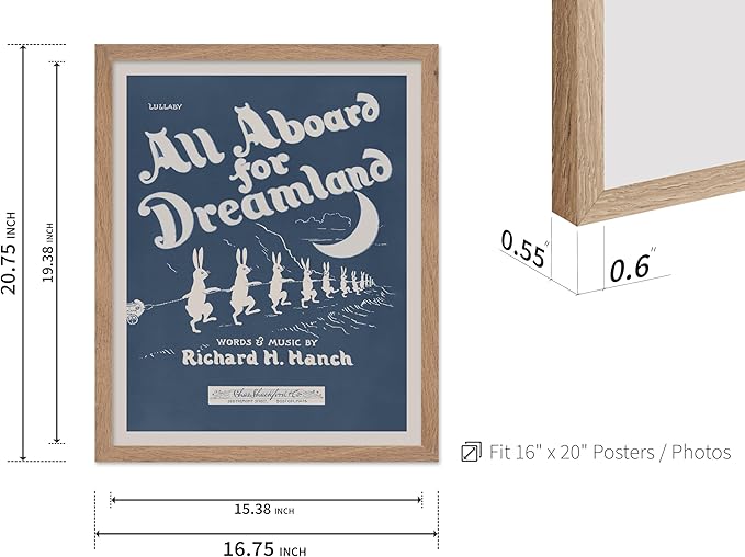 Poster Master All Aboard For Dreamland Poster - Retro Children's Lullaby Print - Story Book Art - Bunny Art - Rabbit Art - Aesthetic Art - Kid's Bedroom or Nursery Wall Decor, 16x20 Beige Framed