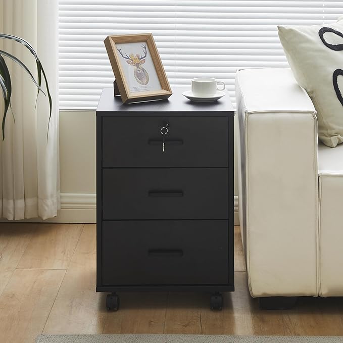TUKAILAi Mobile File Cabinet with 3 Drawers, Lockable Storage Unit Wooden Rolling Office Filing Cabinet with Wheels, for Legal/Letter/A4 Sized Documents Home Office (Black 1PCS)