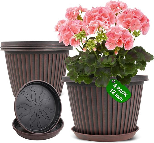 Large-Planter-Indoor-Outdoor Plant Pots, 12 inch 4 Pack Plastic Flower Pots with Saucer And Drainage Holes, Modern Garden Planters For Planting Medium Large Plants， Decorative Resin Garden Pots