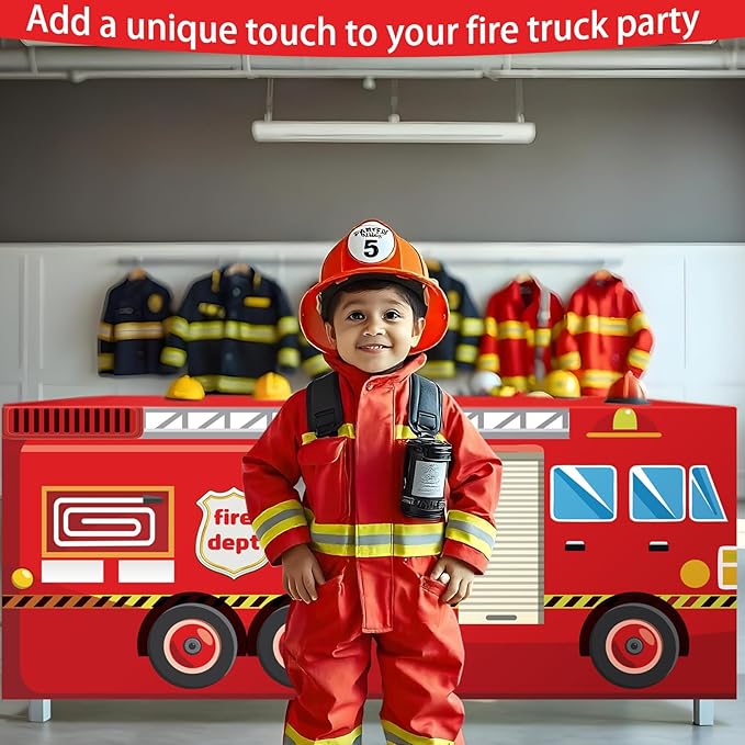 4Ft Fire Truck Birthday Party Tablecloth, Firefighter Party Decorations, Red 48" x 30" Polyester Rectangular Tablecloth for Kids Boys Firefighter Firetruck Theme Parties