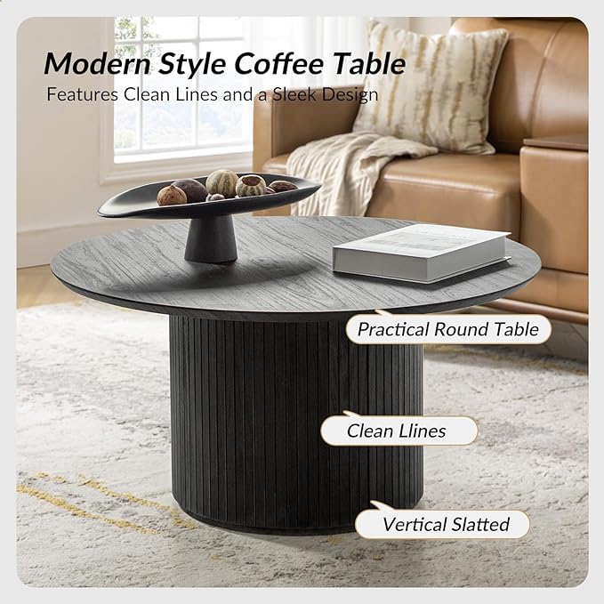 HULALA Home Round Coffee Table, Wood Coffee Table with Vertical Slat Base, Modern Coffee Table for Living Room and Lounge Room, Charcoal
