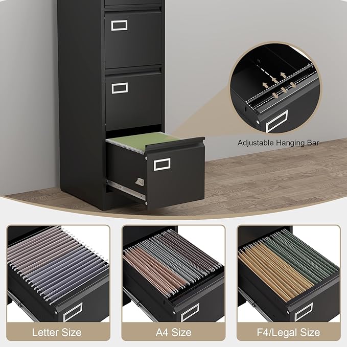 4 Drawer File Cabinet with Lock,Vertical Narrow Filing Cabinets for Home Office, Metal Black File Cabinet for A4 Legal/Letter Size