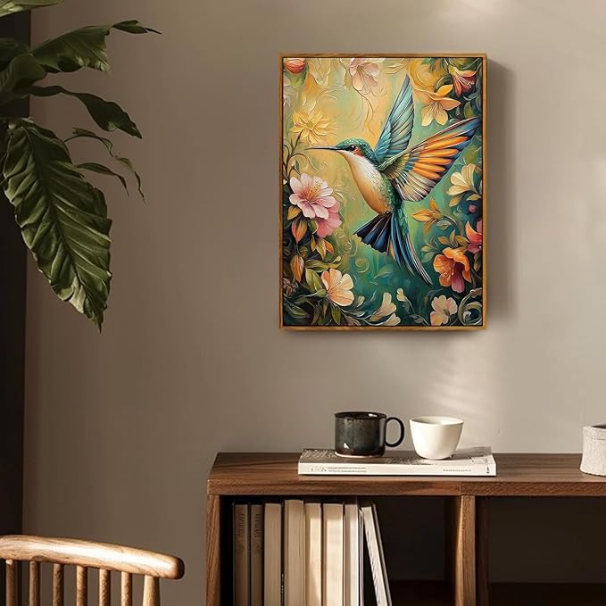 Djmwtb William Morris Framed Wall Art Flower Bird Canvas Wall Art Nature Art Wall Decor Vintage Hummingbird Pictures Paintings Colorful Botanical Artwork Prints for Bedroom Living Room 8x10in