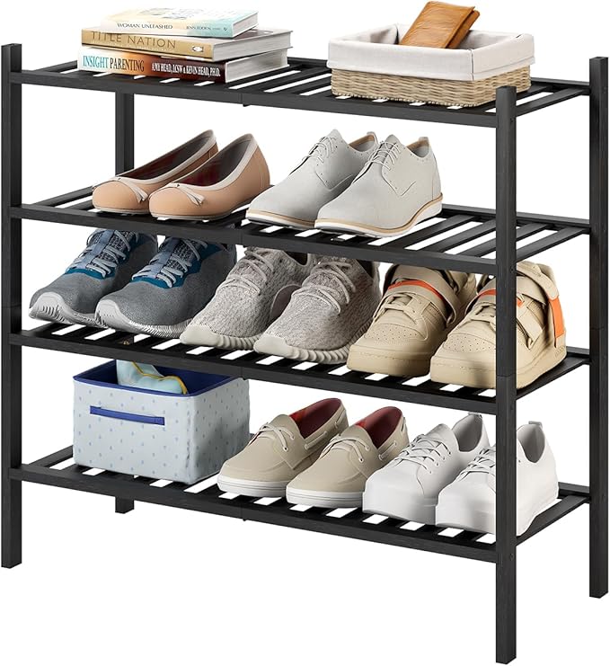 4-Tier Bamboo Shoe Rack for Entryway, Stackable | Heavy Duty | Multi-Function, Free Standing Shoe Racks for Bedroom Hallway Closet（Black）