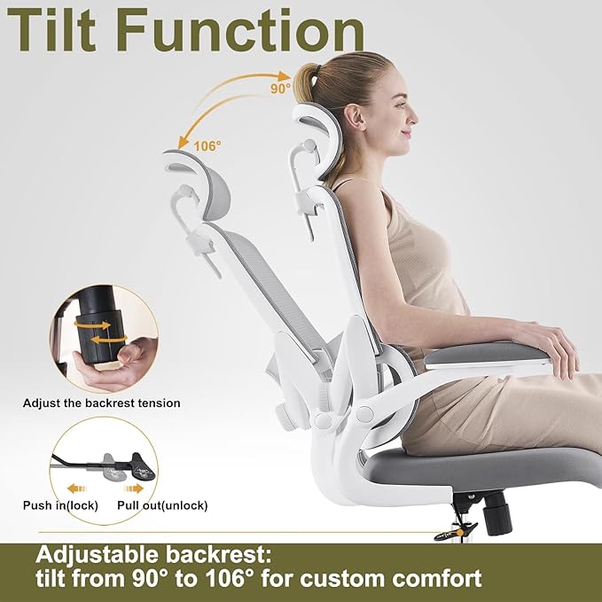 Ergonomic Home Office Chair, High Back Mesh Desk Chair with Adjustable Lumbar Support, Flip-up Armrest, Removable Headrest, Swivel Computer Gaming Chair, Space Saving, 330LBS (White+Grey)