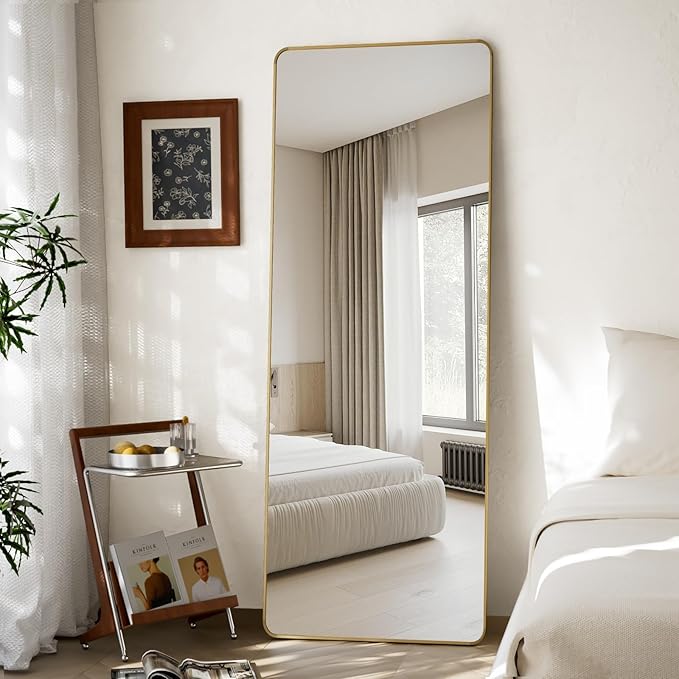 Round Corner Mirror Full Length, 66" x 23" Floor Mirror with Stand, Matte Aluminum Alloy Frame Full Body Mirror, Standing Hanging or Leaning for Bedroom and Living Room, Gold
