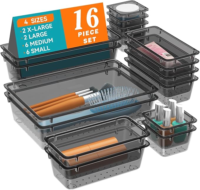 WOWBOX 16 PCS Clear Plastic Drawer Organizer Set, 4 Sizes Desk Drawer Organization and Storage Containers for Makeup, Cosmetics, Jewelry and Gadgets in Kitchen, Bathroom, Bedroom, Office, Clear Black