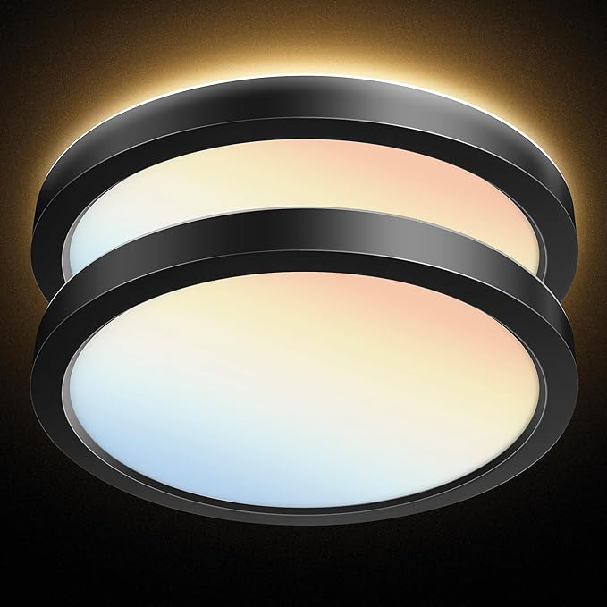 PARMIDA (2 Pack) 12 Inch LED Flush Mount Ceiling Light with Night Light, 30W, ETL, 5 Color Selectable 2700K/3000K/3500K/4000K/5000K, 2400LM, Dimmable, Ultra Thin Round Modern Flat Panel, Black Finish