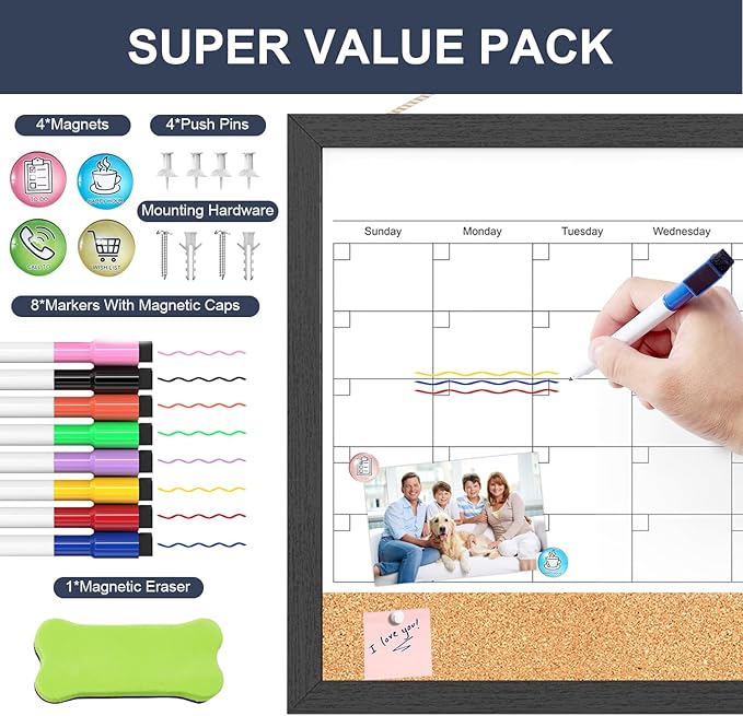 Dry Erase Calendar for Wall, 17x13 Inches Calendar Whiteboard for Wall, Small Magnetic White Board Corkboard with Wood Framed, Hanging Dry Erase Board for Kitchen Home Office School Planner