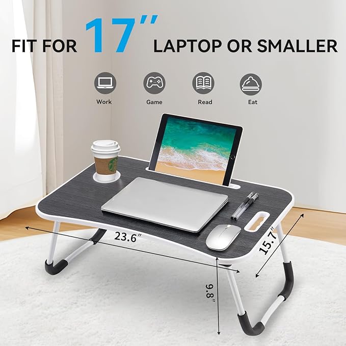 BUYIFY Folding Lap Desk, 23 Inch Portable Wood Black Laptop Bed Desk Lap Desk with Cup Holder, for Working Reading Writing, Eating, Watching Movies for Bed Sofa Couch Floor