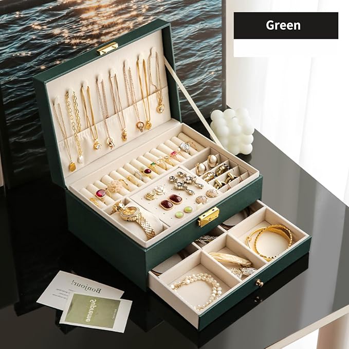 Jewelry Box for Women Girl Wife - Large PU Leather Jewelry Organizer Storage Case with Two Layers Display for Earrings Bracelets Rings Watches (Green)