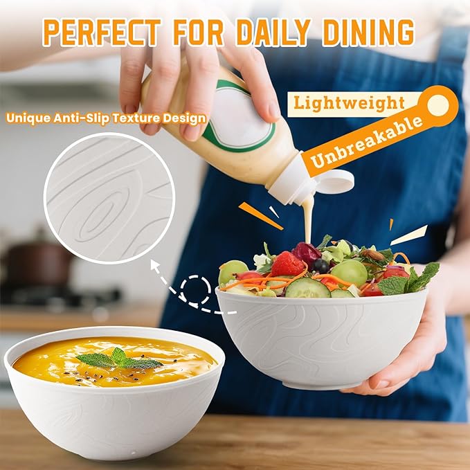 Homienly Wheat Straw Bowls with Unique Texture Design, 40 OZ Salad Bowls for Kitchen, Camping, Unbreakable Microwave and Dishwaher Safe Bowl Set, Stackable Cereal Bowl for Serving, Ramen-White