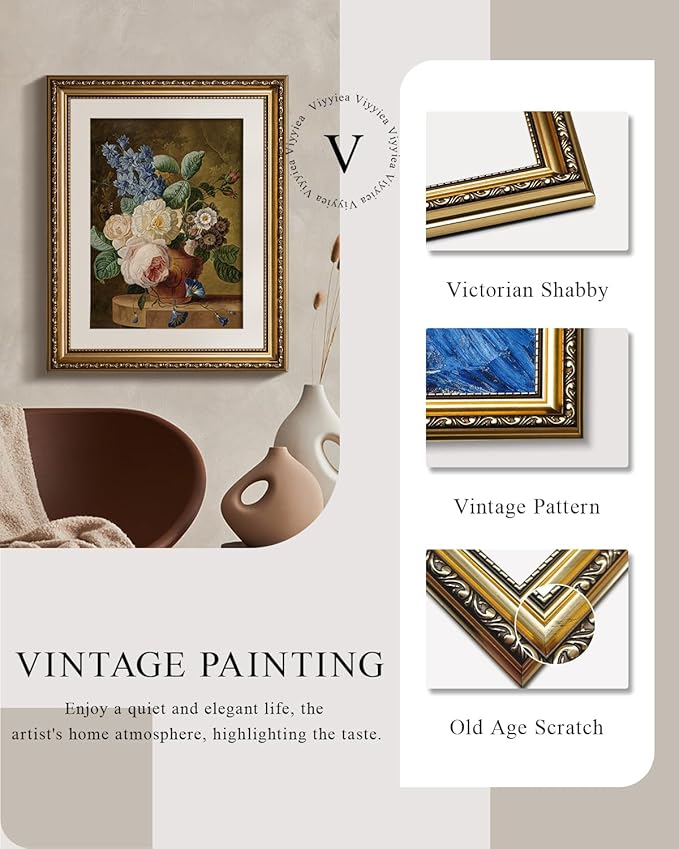 VIYYIEA Gold Framed Wall Art Canvas Print Home Decor Vintage Floral Wall Decor Flower Bathroom Art Decor Aesthetic Room Decor Oil Painting Retro Plants Still Life Wall Pictures Bedroom Gifts 13x16in