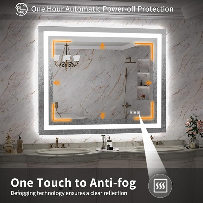 LED Mirror for Bathroom, 44x36 Inch Backlit + Front Lighted Bathroom Vanity Mirror with Lights for Wall, Double Light Strips, 3 Colors, Shatter-Proof, Anti-Fog and Brightness Memory