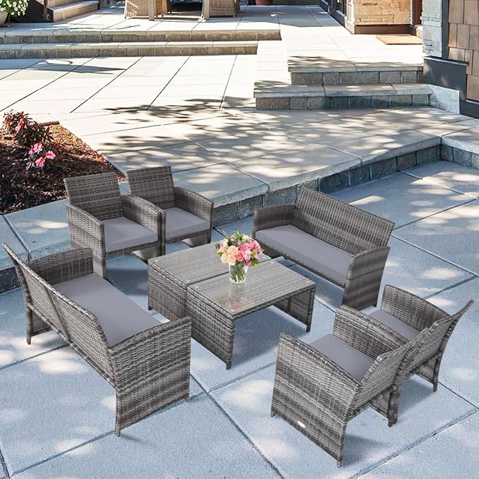 Tangkula 8 Pieces Patio Wicker Conversation Furniture Set, Patiojoy Sofa & Table Set w/4 Seats, Outdoor Rattan Sofa Set for Balcony Backyard, Wicker Chair Set with Tempered Glass Coffee Table