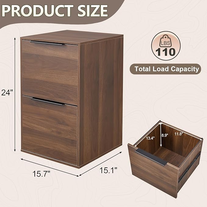 Wood File Cabinets 2 Drawers File Cabinet with Hanging Bar for Letter Size/Hanging Files, Small Wooden File Cabinets for Home Office, Dark Walnut