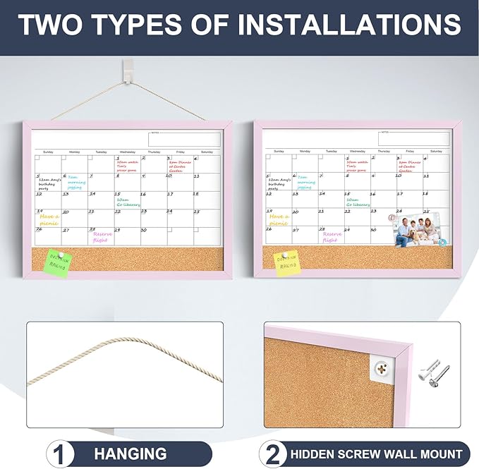 Dry Erase Calendar Cork Board Combo, 18x24 Inches Calendar Whiteboard for Wall, Magnetic White Board with Pink Wood Framed, Dry Erase Board for Planner Office Kitchen Home Memo