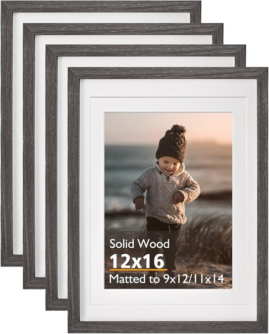 KINLINK 12x16 Picture Frame Ash Black, Solid Wood Frames with Acrylic Plexiglass for Pictures 11x14/9x12 with Mat or 12x16 without Mat,Wall Display, Set of 4