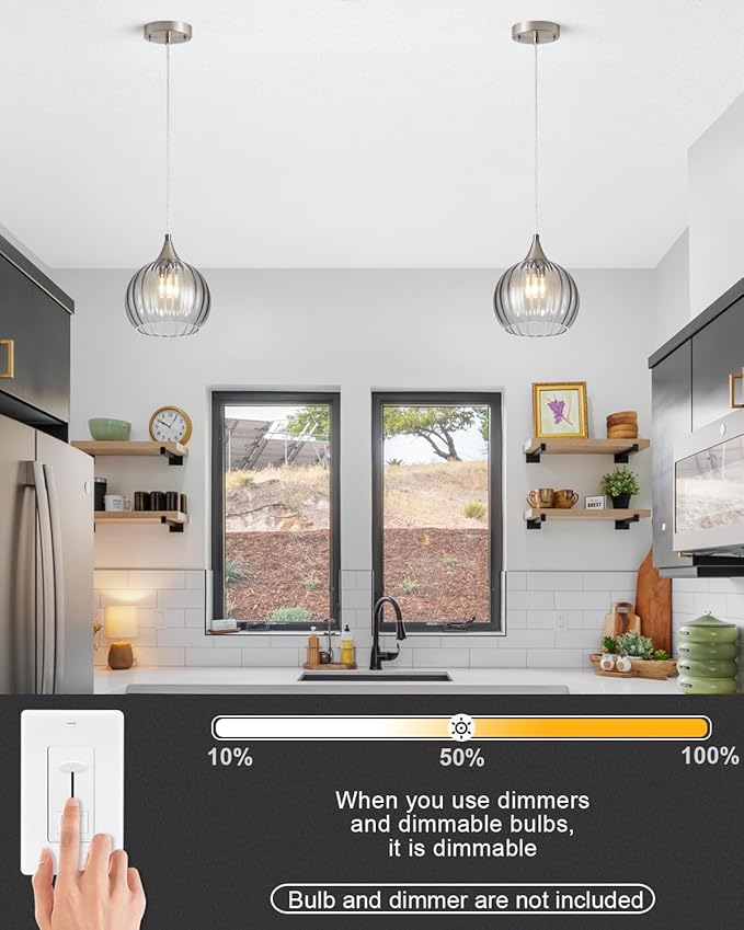 Brushed Nickel Pendant Lights Kitchen Island, Globe Pendant Light Fixtures with 8 Inch Clear Glass Shade, Modern Hanging Light Fixtures for Kitchen, Bedroom (1 Pack - Gray Glass Pendant Light)