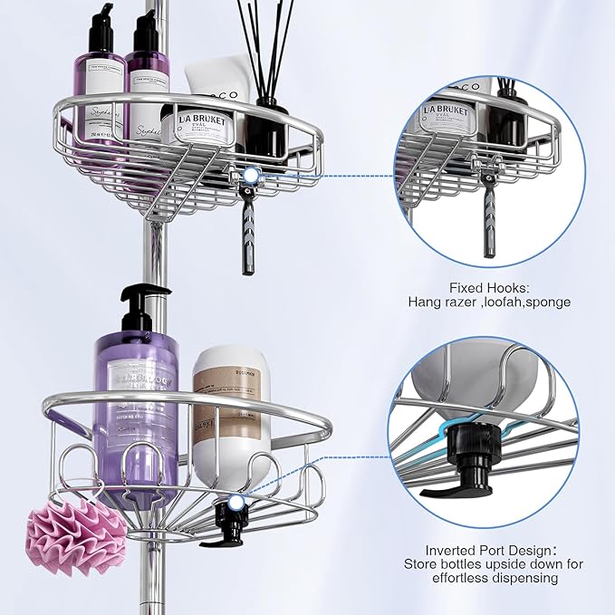 Corner Shower Caddy Tension Pole: Stainless Steel Rustproof 4-Tier Shower Organizer - 47-121 inch Adjustable Bathroom Shelves for Bathtub Shampoo Storage - Tension Rod Floor Standing Bath Rack -Silver