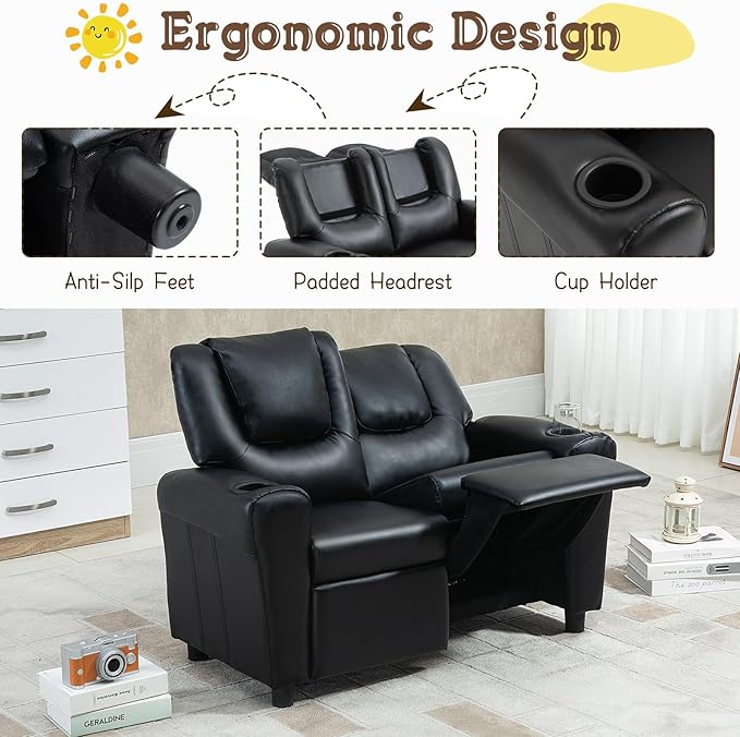 AVAWING Toddler Recliner, Double Kids Couch with Cup Holder, PU Leather Kids Sofa, Kids Loveseat w/Adjustable Footrest & Headrest for Boys and Girls 3+ Age Group, Classic Black