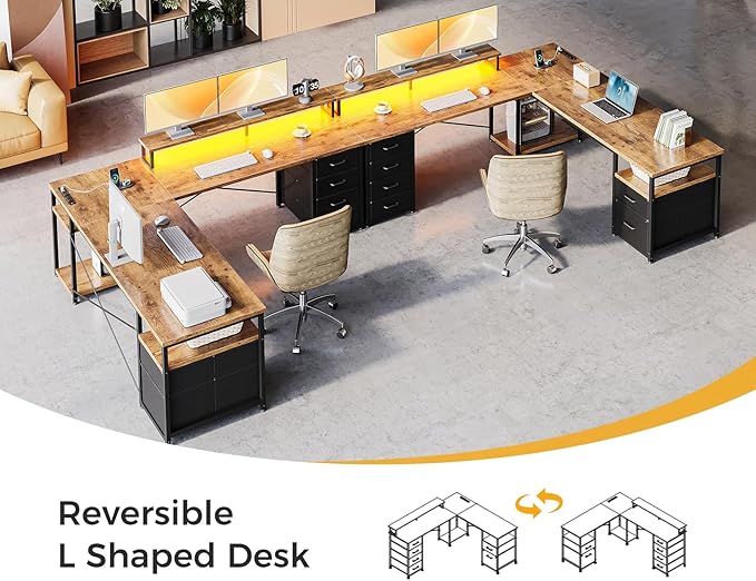 Casaottima 66" L Shaped Desk, Reversible Computer Desk with File Cabinet & 4 Fabric Drawers, Two Person Desk with LED Lights & Power Outlet, Corner Home Office Desk with Monitor Shelf, Vintage