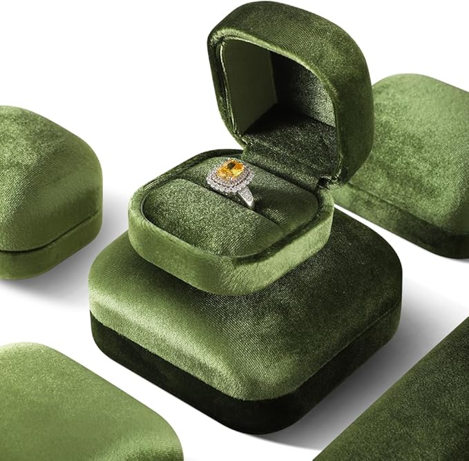 Resilient Velvet Ring Earrings Bracelet Necklace Display Box, Travel Mini Jewelry Organizer Case (Green, Ring Box)