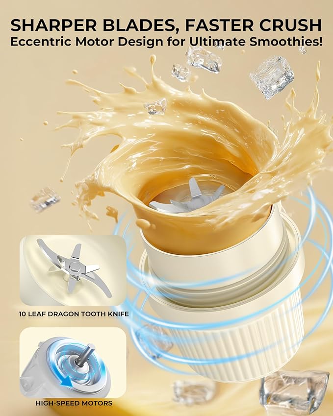 Portable Smoothie Blender, Personal Blender for Smoothies, 7.4V Motor 10 blades, Stainless Steel Cup, USB-C Rechargeable, Easy to Clean, Travel Lid, Keep Cold 24 Hours, Single Serve blender, WHITE