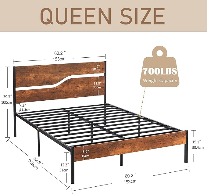 VECELO Queen Size Platform Bed Frame with Headboard and Footboard, Solid and Strong Metal Support, No Box Spring Needed