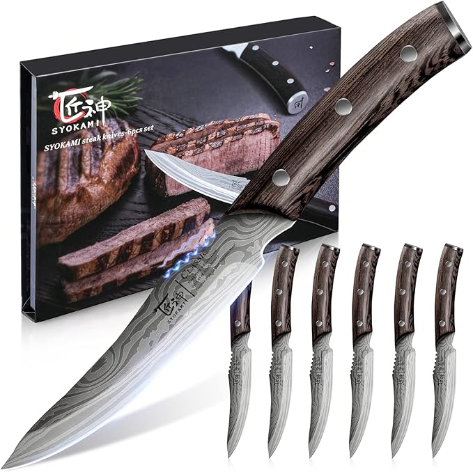 Steak Knives Set of 6, 4.8 Inch High-Carbon Japanese Stainless Steel Non-serrated Steak Knife with Wood Handle, Damascus Pattern Full Tang Design, Razor-Sharp Dinner Knives with Gift Box