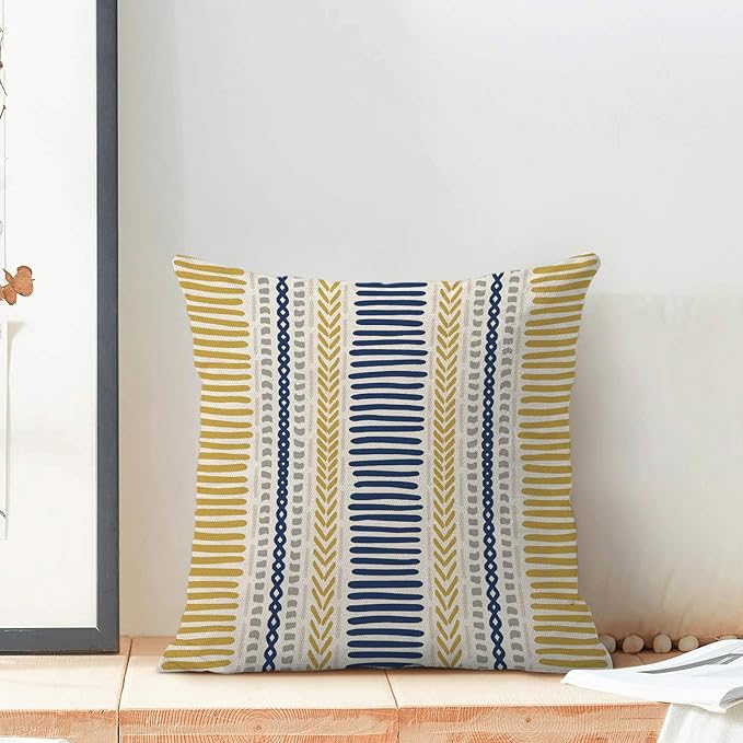 Boho Pillow Covers 18x18 Set of Yellow Blue Stripes Throw Pillow Covers Outdoor Decoration,Bohemian Abstract Modern Decor Pillowcase Farmhouse Linen Decorative Cushion Cover for Sofa Couch