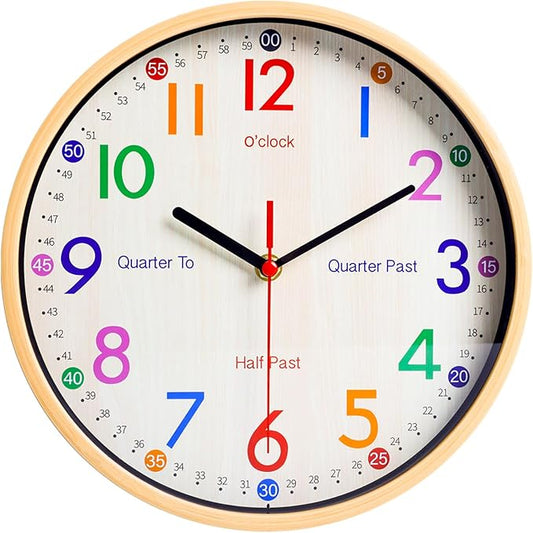 JoFomp Learning Clock for Kids | 10 inch Telling Time Teaching Wall Clock, Silent Non-Ticking Quartz Decorative Wall Clock for Teacher's Classrooms or Children's Bedrooms (Yellow)