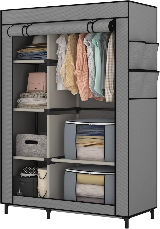 Calmootey Portable Closet, Wardrobe with 6 Shelves and Hanging Rod, Storage Organizer for Bedroom, Non-Woven Fabric Cover with 4 Side Pockets, Includes 2 Storage Bags for Clothes, Grey