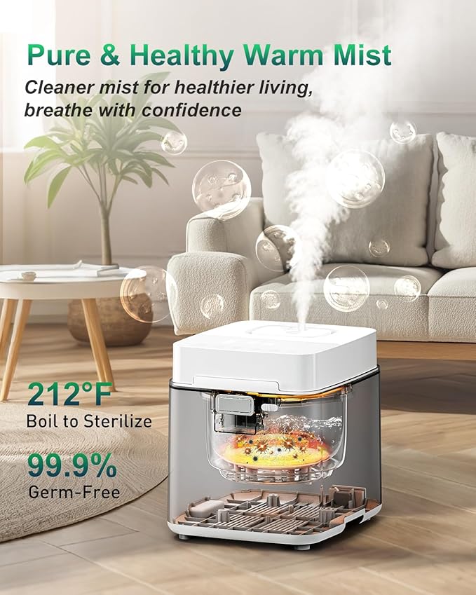 Mifasol Stainless Steel Humidifier, 3.3L/0.87Gal Steam Humidifier Large Room up to 800 sq ft, Easy to Clean Warm Mist Humidifiers for Bedroom Baby Nursery Home Office, White