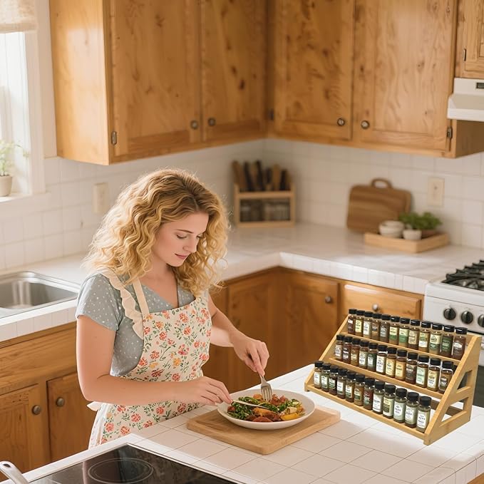 Bamboo Spice Rack: Large Spice Shelf for Kitchen Countertop Pantry Cabinet Organizer, Holds 24 Spice Jars (2.1")